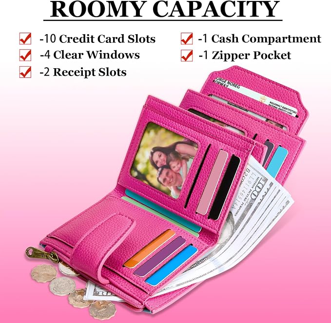 Small Wallet Women RFID Blocking Soft Leather Bifold Compact Card Holder Wallet for Women with Zipper Coin Pocket 4 ID Window - Image 3