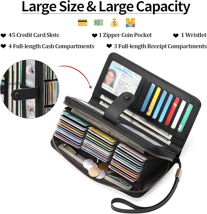 GAEKEAO Leather Credit Card Holder Wallet for Women RFID Blocking Large Capacity Bifold Zipper Card Case Organizer with Wristlet 45 Slots - Image 2