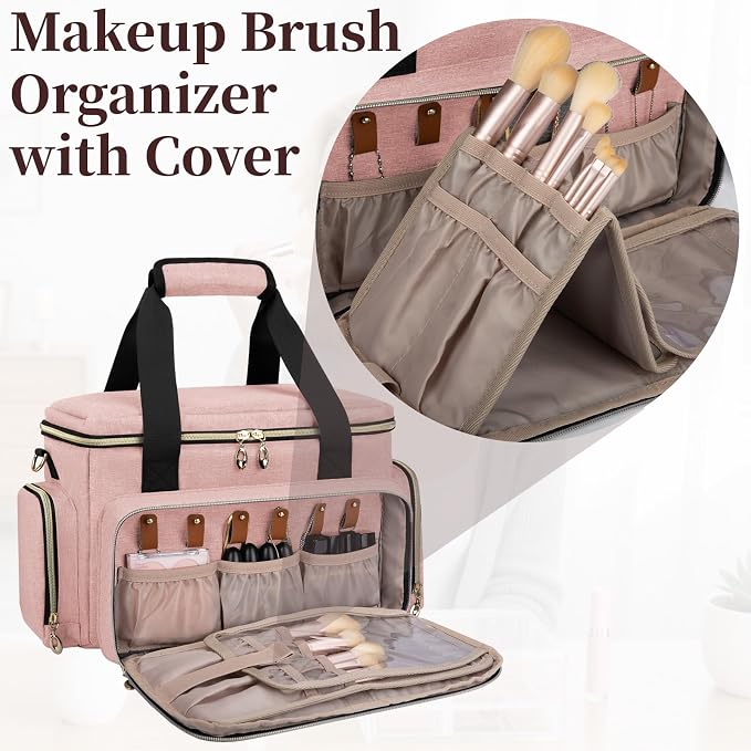GDNasist Large Makeup Bag, Portable Travel Makeup Bag Organizer | Cosmetic Travel Bag for Women Girls with 2 Removable Pouches & Detachable Dividers, Toiletry Bag for Makeup and Hair Supplies - Image 3