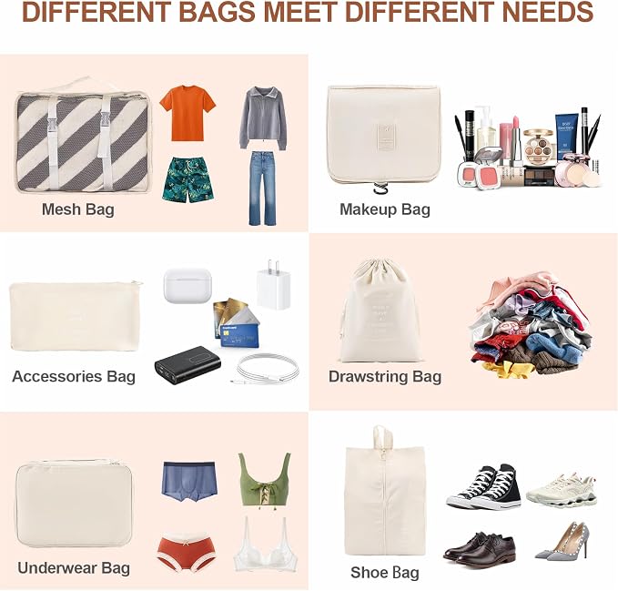Packing Cubes for Travel, 8 Set Luggage Organizer Bags Travel Cubes for Packing Compression Luggage Cubes for Suitcase Carry on Travel Essentials with Laundry & Toiletry Bag(beige) - Image 4