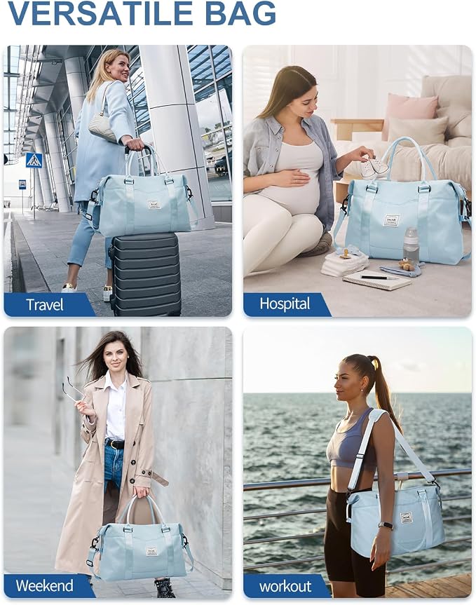 BAGAIL Travel Duffel Bag, Weekender Bags for Women, Overnight Gym Carry On Tote Bag with Wet Pocket, Hospital Mom Bag for Labor and Delivery - Light Blue - Image 7