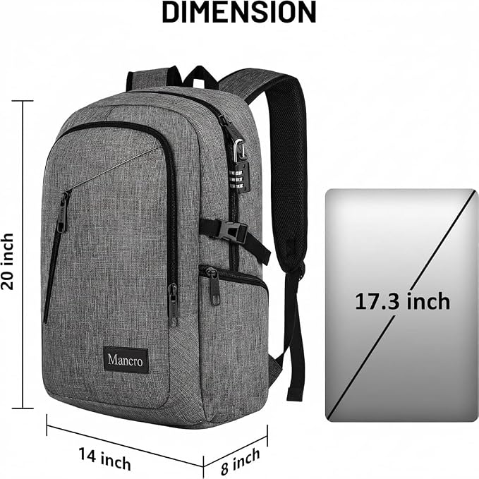 Mancro 17.3 Inch Business Laptop Backpack Anti-Theft Travel Backpack | Large Travel Computer Bag Lightweight Work Backpack Daypack with Lock and Laptop Compartment for Men Women, Grey - Image 5