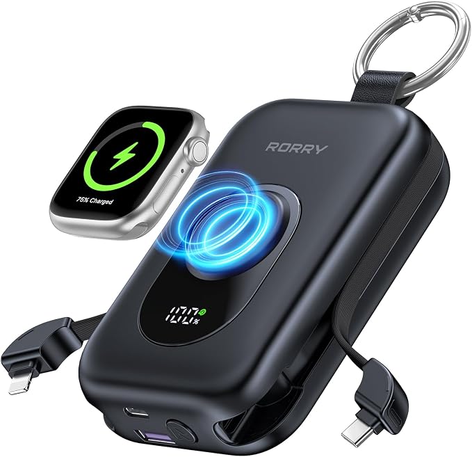 RORRY CharmGo Portable Charger, 20000mAh PD 30W Portable Charger Power Bank | Built-in Cables, Fast Charging Keychain Portable Battery Pack, Travel Essentials for iPhone, Apple Watch, iPad by RORRY