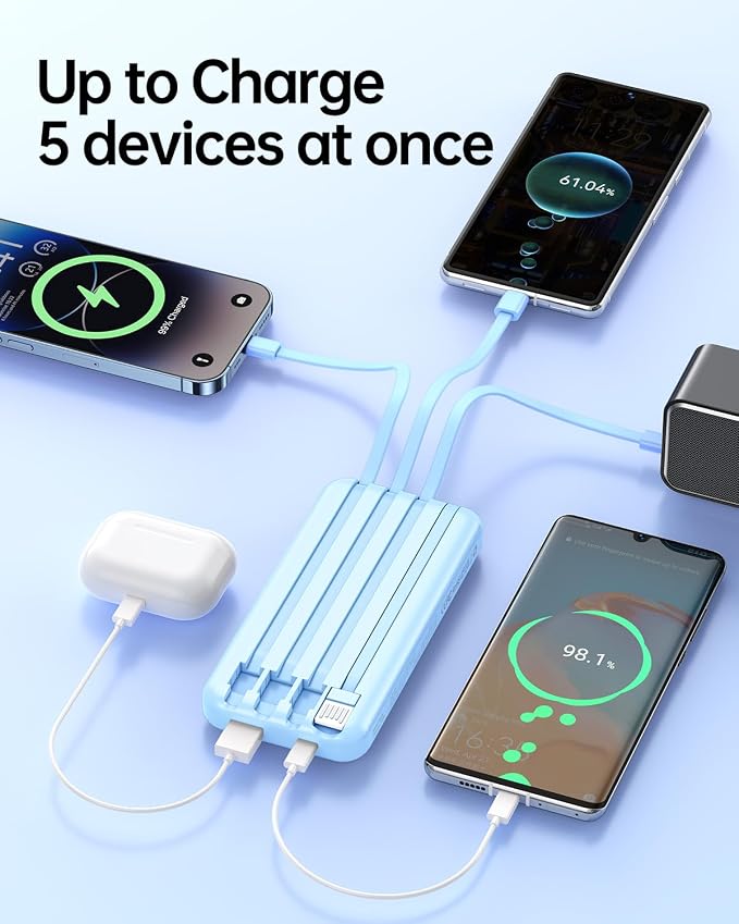 Portable Charger with Built in Cable 20000mAh Fast Charging | Power Bank USB C Slim 22.5W LED Display Battery Pack 5 Outputs & 3 Inputs for Travel Essentials iPhone Phones Sky Blue - Image 5