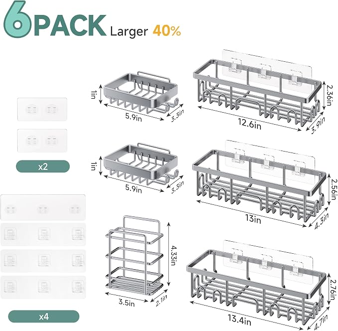 Veken Shower Caddy 6-Pack, No Drilling & Rustproof, Waterproof Adhesive Shelves Rack with Soap Holder, Large Capacity Bathroom Organizers and Storage, Wall-Mounted Kitchen & Home Decor, Silver Gray - Image 6