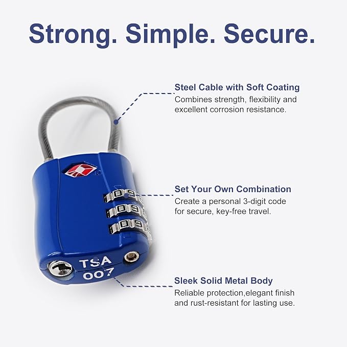 TSA Locks for Luggage, Small Padlock Combination with Cable, Luggage Locks TSA Approved, Combo Padlock with Code, for Travel Suitcase, Gym Locker, Gun Case, Backpack Zipper (Black+Blue) - Image 4