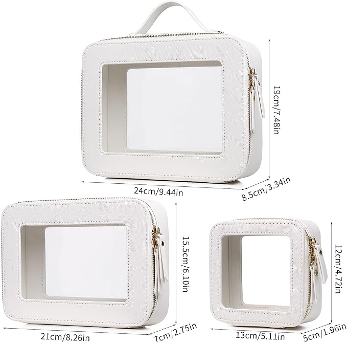 Pinkmik Clear Makeup Bag, (White, L+M+MINI) | Waterproof, Travel Case for Cosmetics and Toiletries, Women's Purse Organizer, Clear Car Bag with Zipper - Image 5
