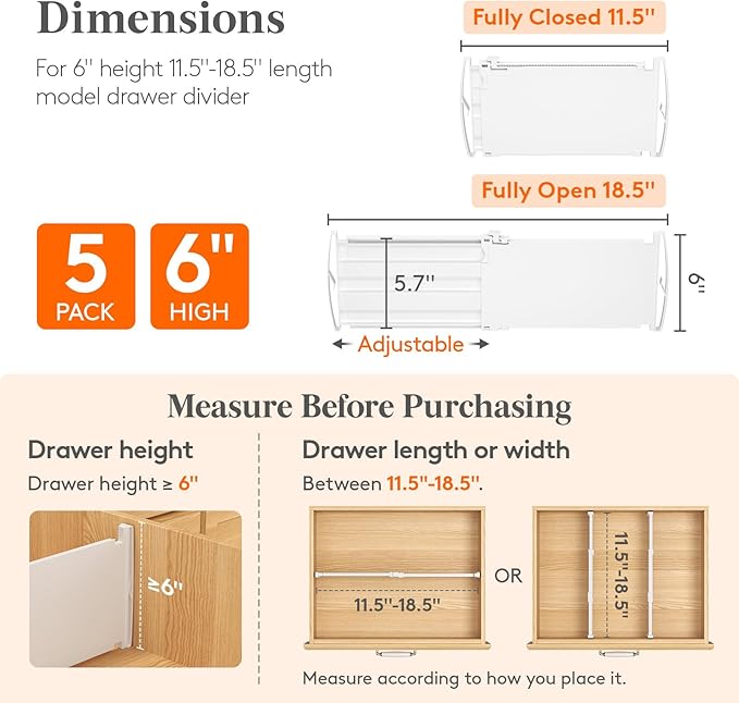 Lifewit 6" Tall Drawer Dividers, Adjustable Deep Drawer Organizer Clothes | 5 Pack 11.5"-18.5" Expandable White Plastic Separators for Dresser, Kitchen, Cabinet, Closet, Office Organization & Storage - Image 2