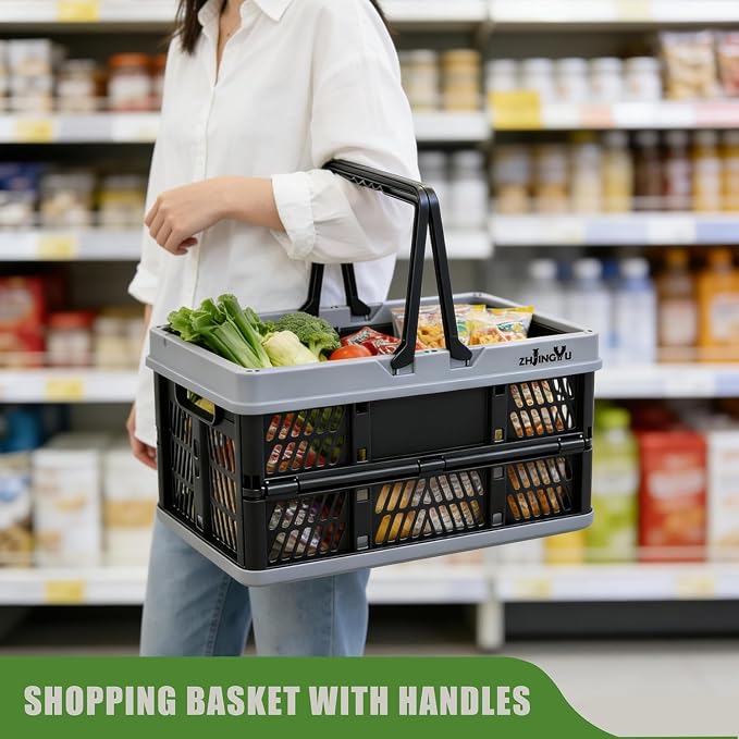 Foladable plastic baskets with handles 20L,collapsible crates for storage | 14.96"x9.84"x7.87" foldable shopping basket ,foldable crate with Handles for car Classroom Kitchen Bathroom Medicine Milk - Image 9