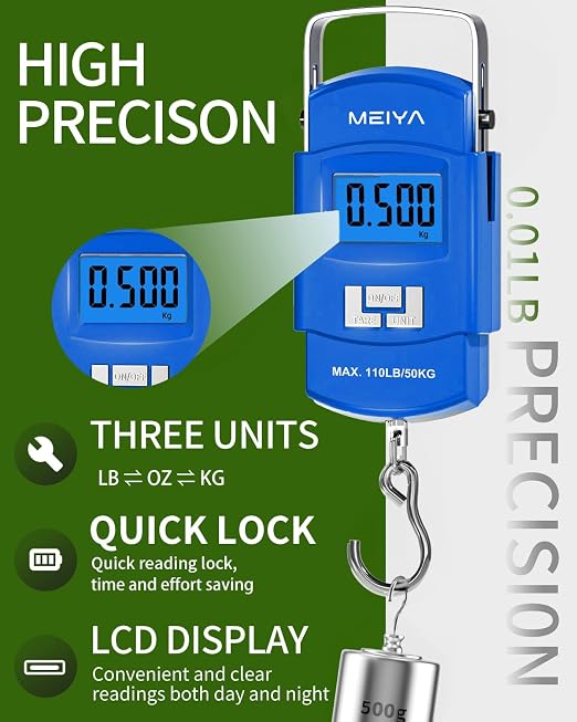 MEIYA Fish Scale 110lb Portable Luggage Scale Travel Digital Hanging Scale with Hook, Fishing Gifts for Men, Weighing Tool for Suitcases & Fish, Includes 2 AAA Batteries, Backlit LCD Display (Blue) - Image 2