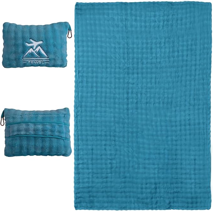 Travel Blanket and Pillow-2-in-1, Ultra-Soft&Compact, Airplane Blanket with Hand Luggage Belt and Backpack Clip,Travelers Accessories Gifts, 61x43 Inches（Green） by Unknown