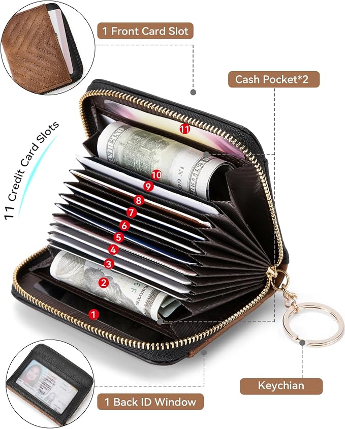 BOSTANTEN Credit Card Holder Small RFID Wallet Women with Keychain Wristlet | Compact, Accordion Design, Easy Organization, Fits Small Purses, Quilted Vegan Leather, Perfect Gifts, Brown＆Black - Image 2