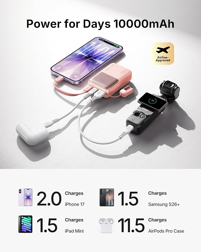 INIU Portable Charger, Ultra Mini 10000mAh 45W Fast Charging Power Bank | Flight-Safe, USB-C Cable, Travel Essential, 45W Battery Phone Pack for iPhone 17 16 Samsung S26 Google iPad etc, Light Pink - Image 6