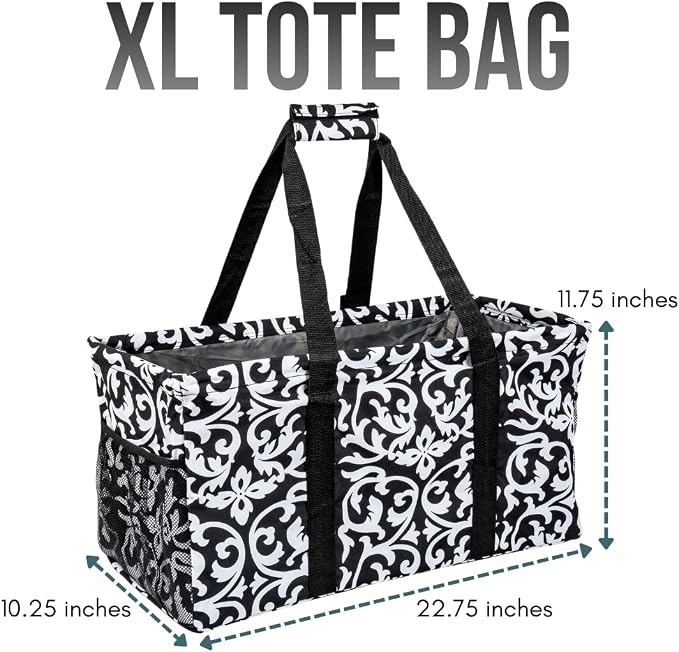 Extra Large Utility Tote Bag - Oversized Collapsible Reusable Wire Frame Rectangular Canvas Basket With Two Exterior Pockets For Beach, Pool, Laundry, Car Trunk, Storage - Damask Black - Image 4
