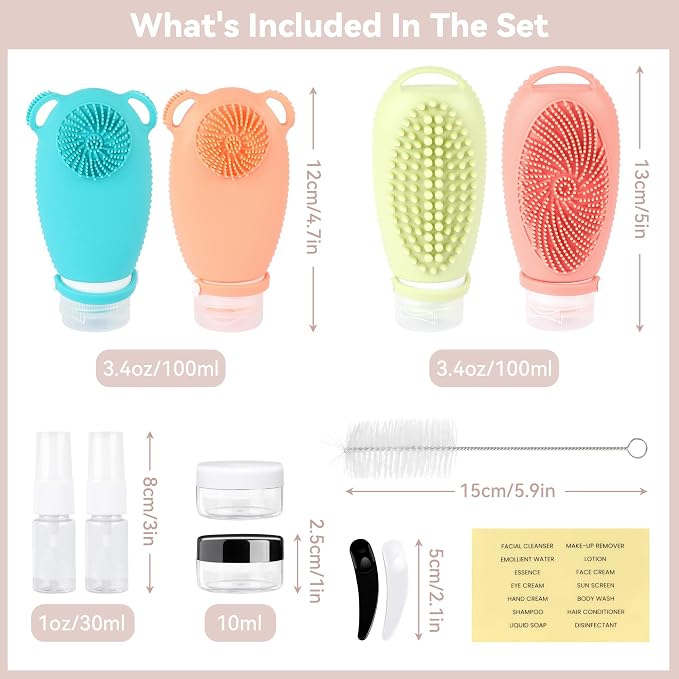 12PC Silicone Travel Bottles Set for Toiletries, TSA Approved Travel Bottles Leak-Proof Travel Size Toiletries,Multi-functional Travel Bottles with Face Wash Bath Hair Wash Silicone Massage - Image 3