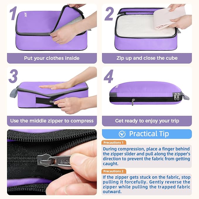 BAGAIL 4 Set/6 Set/8 Set Compression Packing Cubes Travel Accessories Expandable Packing Organizers(Lavender ClothPattern 4 Set) - Image 3