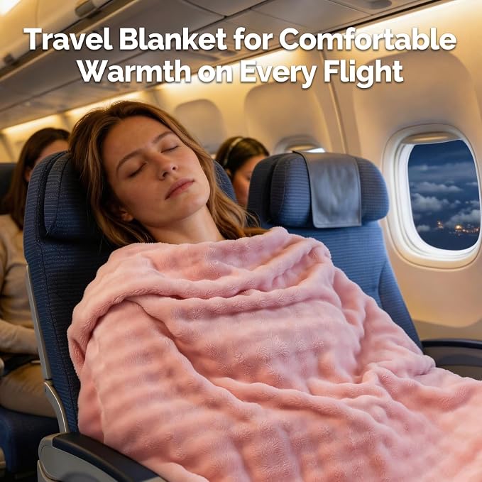 Pink Travel Blanket for Airplane, Portable Soft Flannel with Pouch & Clip | Skin-Friendly Flannel, Lightweight Portable Design with Clip, Hands-Free Carry, Essential Travel Gear for Frequent Flyers - Image 2