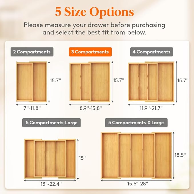 Lifewit Bamboo Utensil Organizer for Kitchen Drawer, Cooking Utensil Tray | Expandable Cutlery Silverware Flatware Holder, Wood Adjustable Spatula Tools Storage Divider, 8.9-15.8 x 15.75", Natural - Image 2