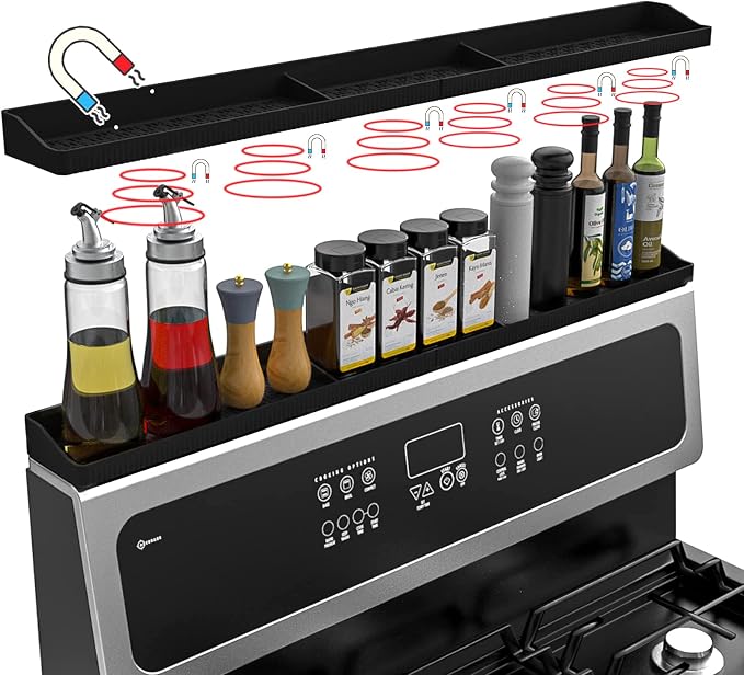 Stove Top Shelf 30 Inch - Silicone Material Magnetic Shelf for Stove -Black | 3 Functional Partitions,Heat Resistant Kitchen Spice Rack Organizer by Weiwavivi