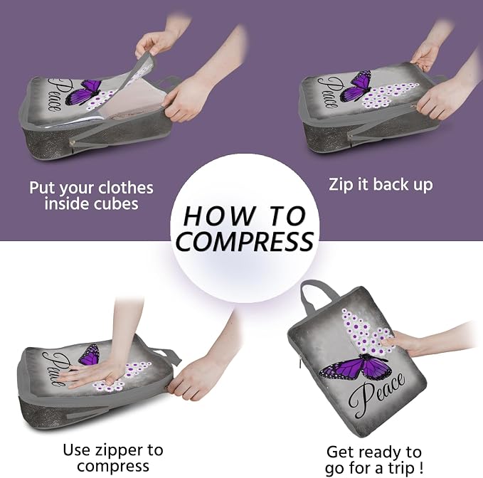 6 Pcs Compression Packing Cubes Waterproof Suitcase Travel Bag Luggage Backpack Organizer Travel Cubes for Packing-Purple Butterfly - Image 7