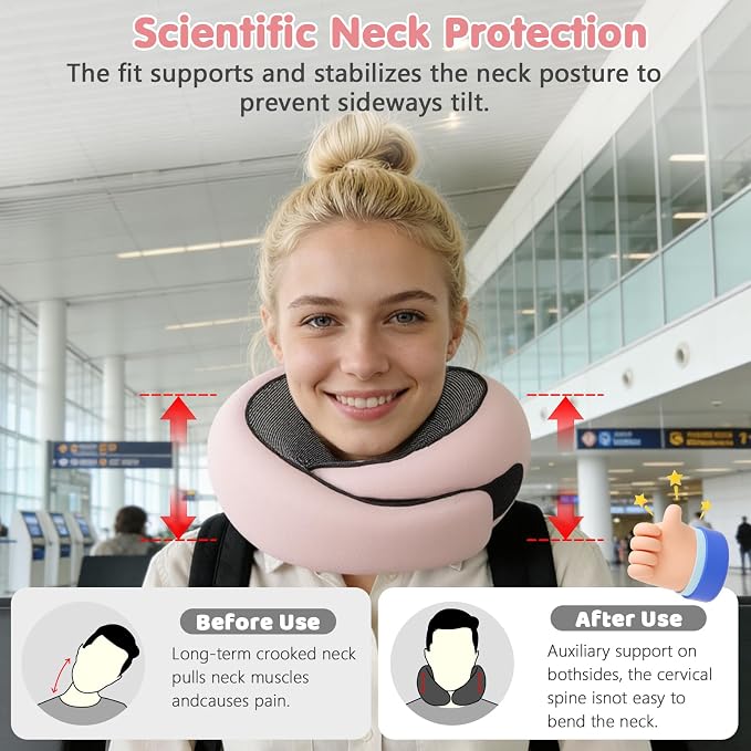 Memory Foam Neck Pillow,2026 World Cup Travel Pillow,Neck Pillow Airplane with Eye Mask & Ear Plugs,Memory Foam 360 Degree Support Stowable Pillows for Airplanes Offices and Cars (Pink) - Image 7