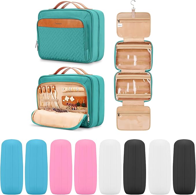 Travel Hanging Toiletry Bag for Women, Large Makeup Bag 8 Leak Proofing Silicone Bottle Covers, Waterproof Cosmetic Bag with Jewelry Organizer Compartment, Toiletries Kit Set, Blue by COOSKY