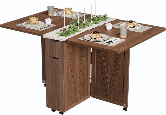 Garvee Folding Dining Table with Storage, Folding Kitchen Table with 6 Wheels, Drawer & Shelves, Compact Dining Table for Small Spaces - Image 7