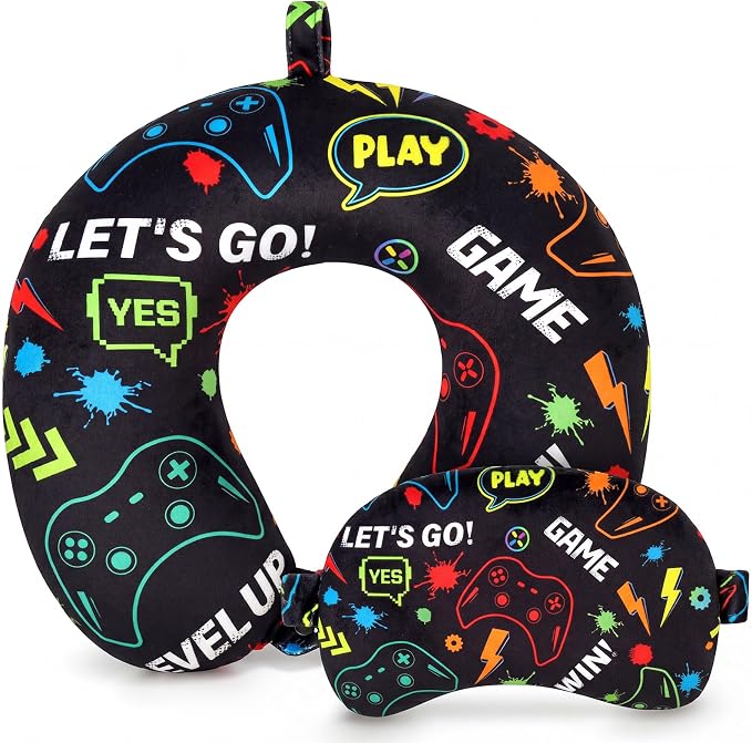 Gilprop 2 Pcs Gaming Travel Pillow with Sleep Eye Mask, U Shaped Memory Foam Headrest & Neck Pillow with Washable Cover, Soft Neck Head Support Travel Accessories for Airplane Car Train Bus Trips by Gilprop