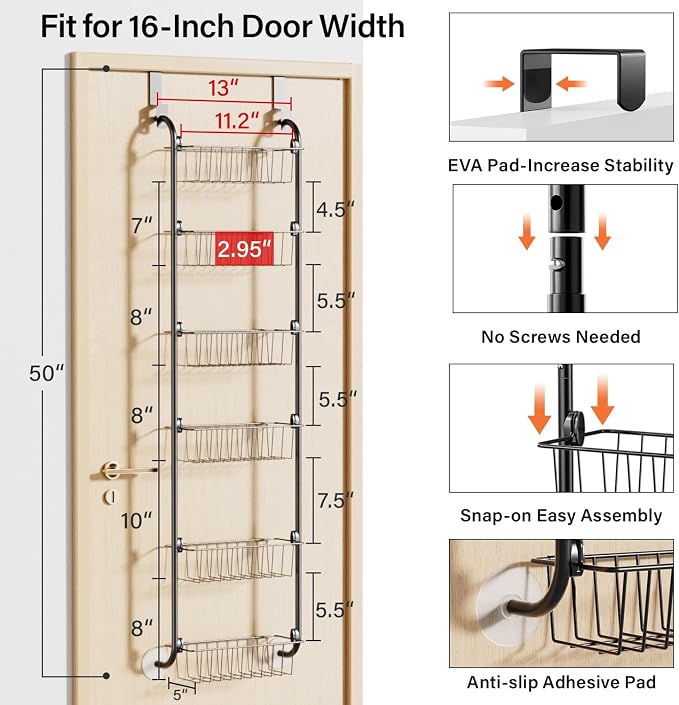 Delamu Narrow Over the Door Pantry Organizer, 6-Tier Metal Pantry Door Organization and Storage for Easy Install, Hanging Spice Rack Seasoning Shelves for Cabinet & Kitchen, D5 x W13 x H50 inch, Black - Image 2