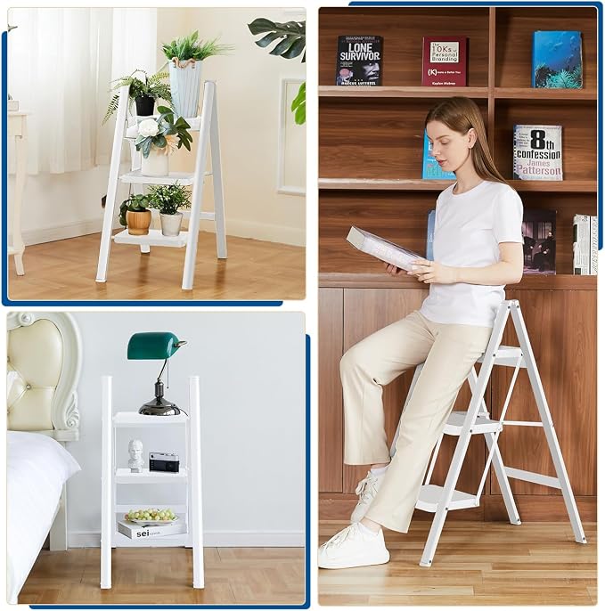 Double Elite Step Ladder 3 Step Folding, Sturdy 330 Lbs Load Step Stool for Adults, Safer Full Steel Kitchen Closet Ladder for Home, Multi-use Small Step Stool Ladder with Anti-Slip Wide Pedals, White - Image 6