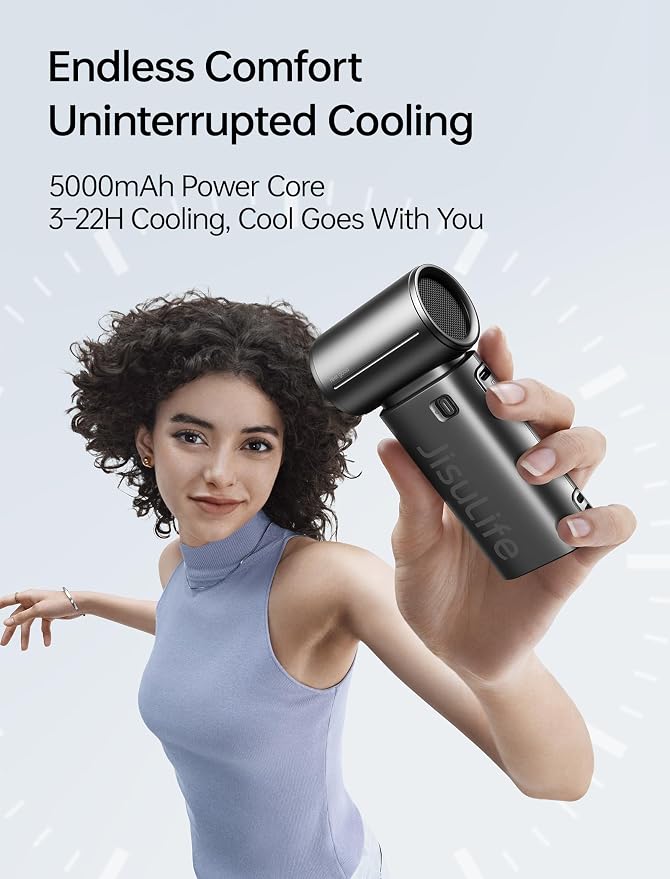 JISULIFE Handheld Fan Life9S - Sleek Chrome: Turbo Power, 22 Hours Cooling | LED Display, 5000mAh, 5-Speeds, Mini Portable Fan for Travel, Cruise, Concerts, Trendy Gifts for Women Men -Black - Image 3