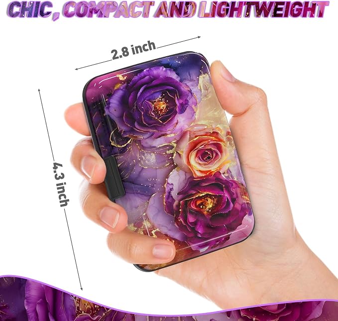 Credit Card Holder, Business Card Case Mini RFID Small Aluminum Card Wallet | Blocking Slim Metal RFID Blocking Front Pocket Wallet Hard Case Durable CC Holder for Women Girl, Purple Marble Flower - Image 3