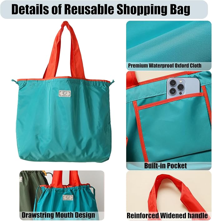 4 PC Foldable Reusable Shopping Bag 210D Nylon Waterproof Travel Grocery Tote with Drawstring Mouth & Reinforced Handle - Image 2