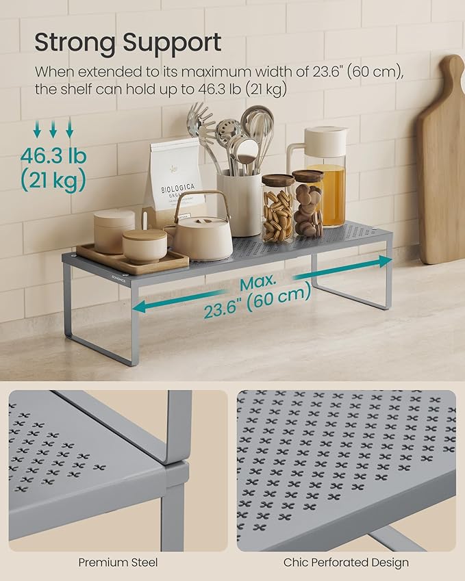 SONGMICS Spice Rack, Expandable Kitchen Countertop Shelf, Steel | Set of 2 small cupboard organizers, space-saving tabletop shelves, Silver, UKCS402FG01 - Image 4