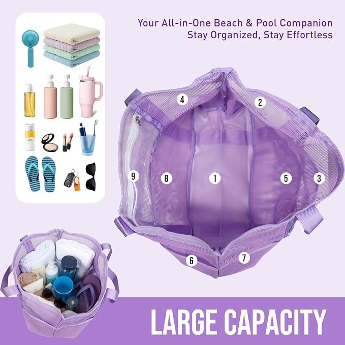 Large Mesh Beach Tote Bag, 9-Pocket Foldable Summer Vacation Beach Bag for Travel, Pool, Gym, Cruise - Image 4
