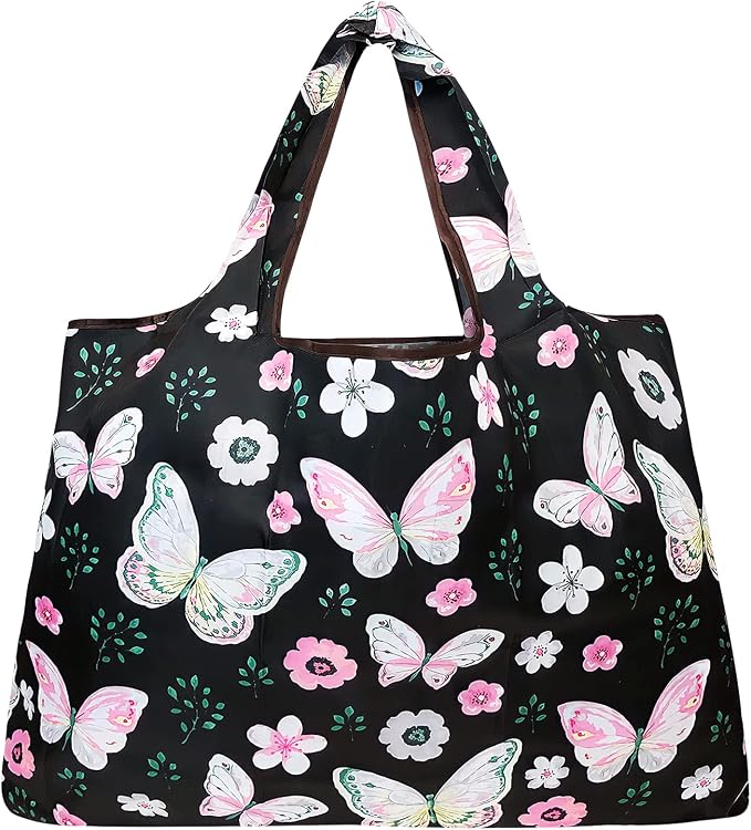 allydrew Large Foldable Tote Nylon Reusable Grocery Bags, Midnight Butterfly - Image 4
