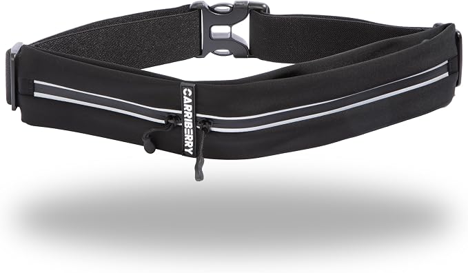 Slim Running Belt - Dual Pocket Waterproof Pouch for All Phones | Expandable Pockets; Reflective Pull Zippers; Bounce Reduction Technology; Adjustable elastic waistband; For Phones & Keys by Carriberry