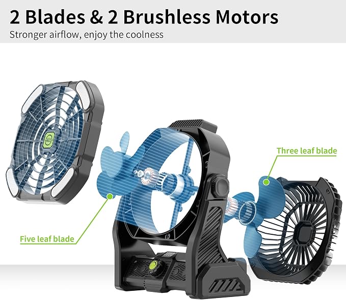 Battery Powered Fan Rechargeable Portable Camping Fan Tent with Light | 20000mAh Cordless Battery Operated Camping Fans with Light,USB Personal Fans Outdoor Camping Essentials Beach Tent for Travel - Image 3