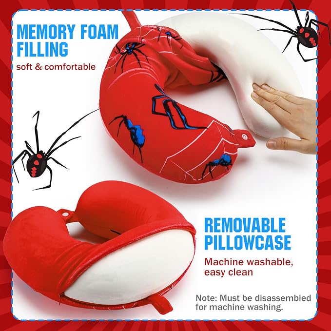 Gilprop 2 Pcs Spider Travel Pillow with Sleep Eye Mask, U Shaped Memory Foam Headrest & Neck Pillow with Washable Cover, Soft Neck Head Support Travel Accessories for Airplane Car Train Bus Trips - Image 5