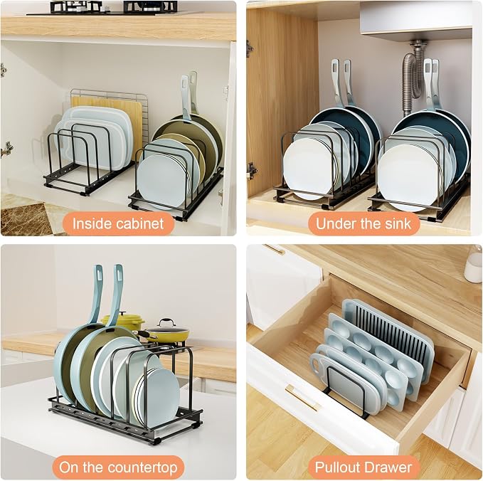 TEAMOLA Metal Cutting Board Organizer - Adjustable Bakeware Rack 2-Pack | Black Metal Kitchen Rack Organizer, Adjustable Holder Fits Pans Lids Sheets, Cabinet Counter Under Sink Caddy with 7 Slots - Image 6