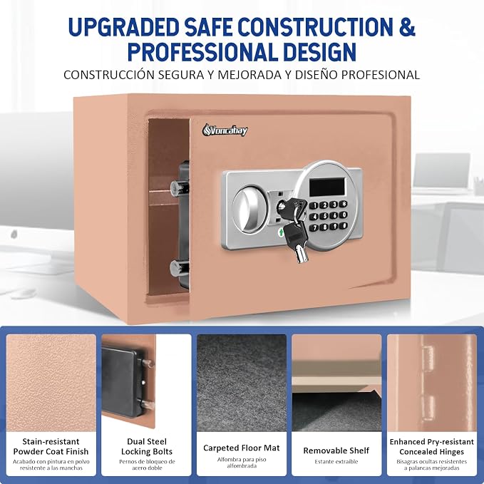 Voncabay Money Safe Box for Home with Digital Keypad, 0.8 Cu. Ft., Khaki | Alloy Steel, 2 Fireproof Bags, Digital Keypad with Display, Removable Shelf, Fits A4, 13.8 x 9.85 x 9.85 In. - Image 4