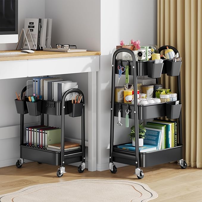 2 Tier Rolling Cart Metal on Wheels,Two Tiered Short Side Table with Wheels | Heavy Duty Under Desk Mobile Shelf Trolley, Small Utility Storage Carts Organizer for Craft, Art, Office,Kitchen,Black Basket - Image 3