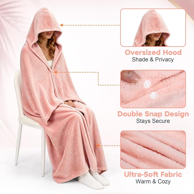 Hooded Wearable Fleece Travel Blanket Airplane with Snap Closure, Foldable Travel Pillow, Compact Carry Carabiner Strap, Soft 60''x50'' Fleece Blanket for Plane Office Gift(Pink) - Image 4