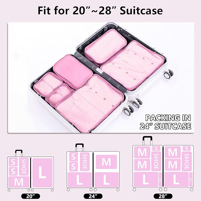 Packing cubes for Travel, CALACH Luggage Organizer Bags 6 Set Packing Cubes for Suitcases Travel Essentials for Carry on Mesh Suitcase Organizer with Shoe Bag (pink) - Image 5