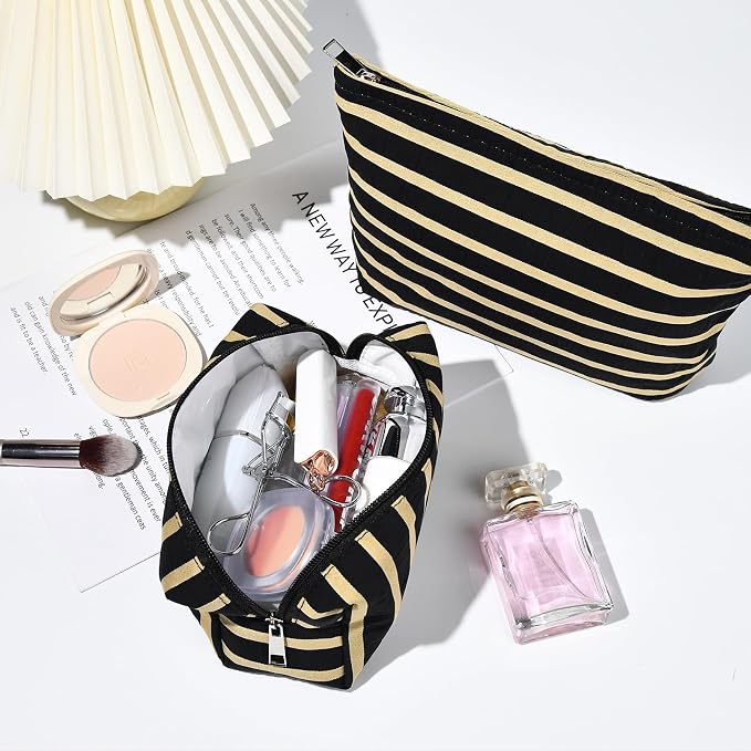 SOIDRAM 2 Pieces Makeup Bag Large Stripe Cosmetic Bag Capacity Canvas Mix Travel Toiletry Bag Organizer Cute Makeup Brushes Aesthetic Accessories Storage Bag for Women, Stripe Mix Black - Image 5