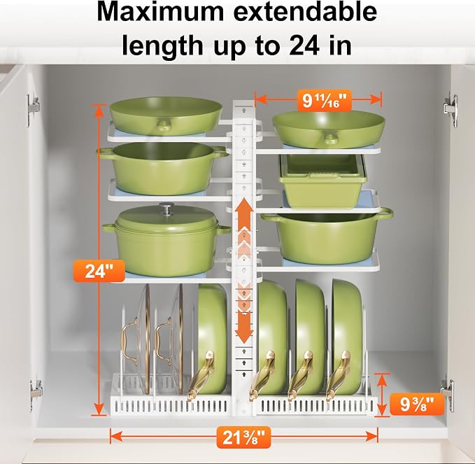 LAMU Pots and Pans Organizer under Cabinet, Pan Pot Organizers inside Cabinet with 6 Shelves and Pot Lid Organizer, Adjustable Height Up to 24", Holds up to 12 Pans, Lightweight Pots, White - Image 5