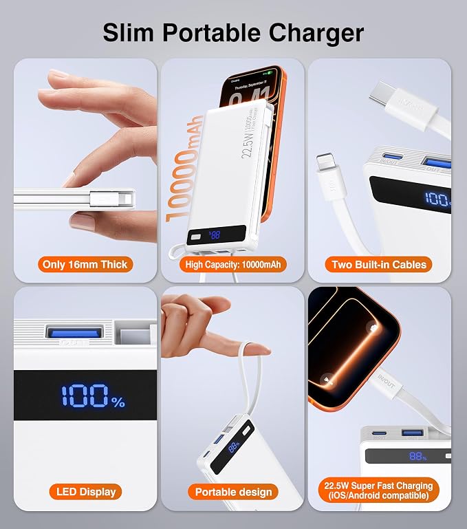 Power Bank with 2 Built-in Cables 10000mAh,22.5W Fast Slim Portable Charger | USB C Battery Pack, Travel Essentials Gift PD Fast Charging Powerbank For iPhone 17 16 15 Plus Pro Galaxy iPad White(1 Pack) - Image 6