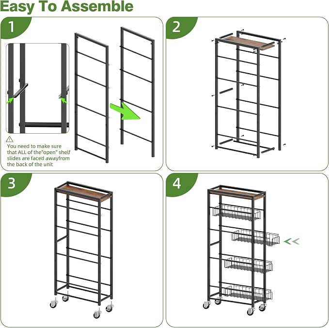 5-Tier Slim Rolling Cart Kitchen Utility Cart, Narrow Kitchen Cabinet with 4 Pull-Out Baskets - Versatile Rolling Storage Cart for Spices, Pantry & Bathroom Organization - Image 9
