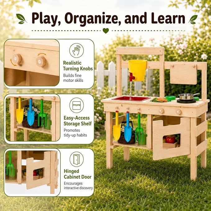 Kids Wooden Mud Kitchen Outdoor Playset, Solid Wood Backyard Pretend Kitchen with Working Faucet, Sink, Cutting Board, Planting Cups, Toy Cookware, Magnetic Cabinet Door and Storage Shelf - Image 6
