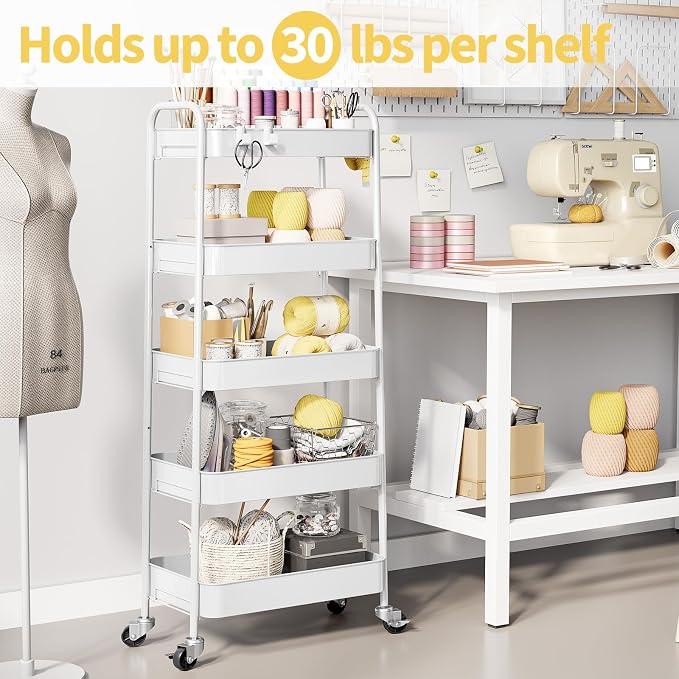 TOOLF 5-Tier Metal Rolling Cart with Wheels, Storage Utility Organizer Cart for Kitchen, Bathroom, Office, Baby Essentials & Makeup - Lockable Casters, Easy Assembly, Large Capacity, White - Image 2